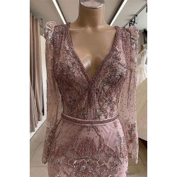 Gorgeous Mermaid Lace Beading V-neck Long Sleevess Prom Dresses Evening Gowns With Beading Waistband
