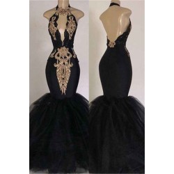 Chic Backless Prom Dresses with Gold Appliques Mermaid Halter Evening Gowns with Keyhole