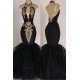 Chic Backless Prom Dresses with Gold Appliques Mermaid Halter Evening Gowns with Keyhole