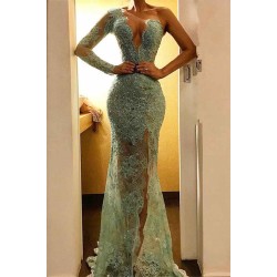 Beautiful One Shoulder Mermaid Evening Dress Lace Long Prom Party Dress