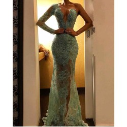 Beautiful One Shoulder Mermaid Evening Dress Lace Long Prom Party Dress
