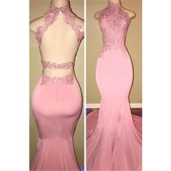 Gorgeous High Neck Pink Lace Prom Party GownsMermaid Long