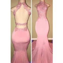Gorgeous High Neck Pink Lace Prom Party GownsMermaid Long