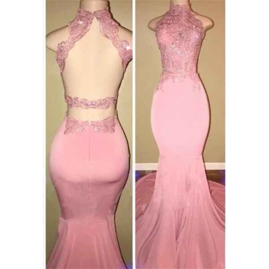 Gorgeous High Neck Pink Lace Prom Party GownsMermaid Long