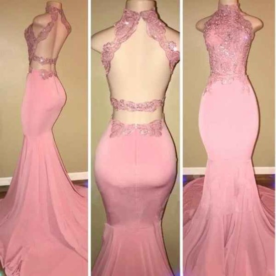 Gorgeous High Neck Pink Lace Prom Party GownsMermaid Long
