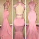 Gorgeous High Neck Pink Lace Prom Party GownsMermaid Long