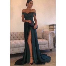 THERESA A-line Floor Length Split Off-the-Shoulder Lace Prom Dresses