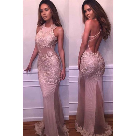 Chic Open Back Evening Dresses On Sale Sleeveless Lace Appliques Prom Dresses