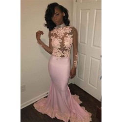 Chic Mermaid Pink High Neck Prom Dresses Long Sleevess Appliques Evening Gowns with Beadings