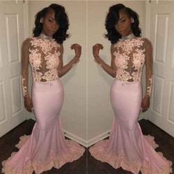 Chic Mermaid Pink High Neck Prom Dresses Long Sleevess Appliques Evening Gowns with Beadings