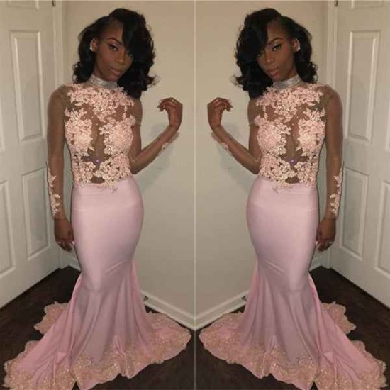 Chic Mermaid Pink High Neck Prom Dresses Long Sleevess Appliques Evening Gowns with Beadings