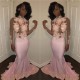 Chic Mermaid Pink High Neck Prom Dresses Long Sleevess Appliques Evening Gowns with Beadings