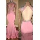 Gorgeous High-Neck Backless Pink Prom Party GownsMermaid With Lace Appliques