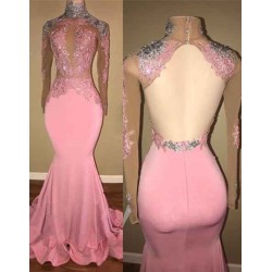 Gorgeous High-Neck Backless Pink Prom Party GownsMermaid With Lace Appliques