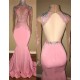Gorgeous High-Neck Backless Pink Prom Party GownsMermaid With Lace Appliques