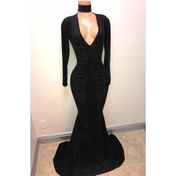 Black Lace V-Neck Prom Party Gowns| Mermaid Long-Sleeve Evening Gowns