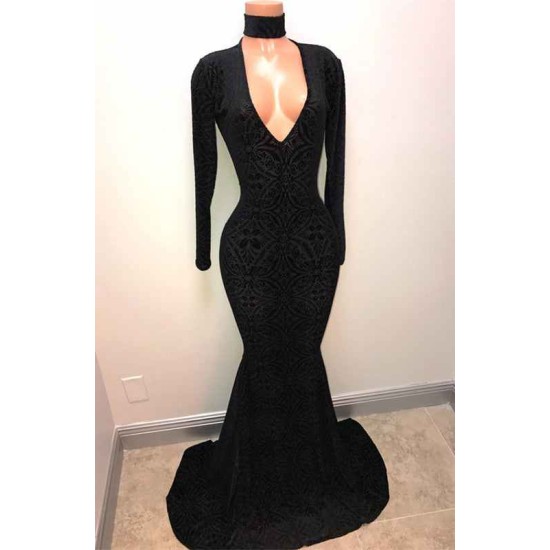 Black Lace V-Neck Prom Party Gowns| Mermaid Long-Sleeve Evening Gowns