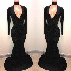 Black Lace V-Neck Prom Party Gowns| Mermaid Long-Sleeve Evening Gowns