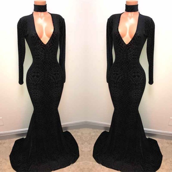 Black Lace V-Neck Prom Party Gowns| Mermaid Long-Sleeve Evening Gowns