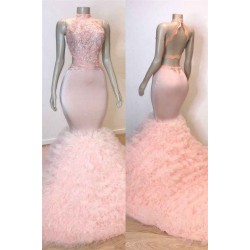 Pink Halter Sleeveless Mermaid Prom Dresses New Arrival Chic Open Back Lace Tulle Evening Gowns