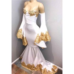 Long Sleeves Prom Party Gowns with gold appliques, mermaid evening dress