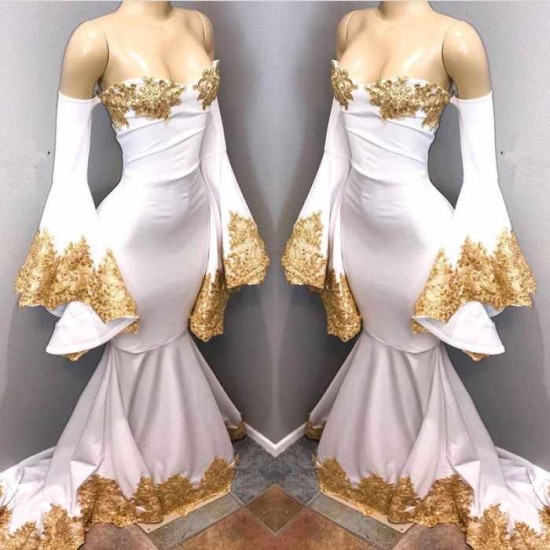 Long Sleeves Prom Party Gowns with gold appliques, mermaid evening dress