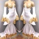 Long Sleeves Prom Party Gowns with gold appliques, mermaid evening dress