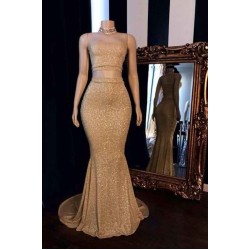 Champagne Two-piece Strapless Long Mermaid Prom Dresses with Choker