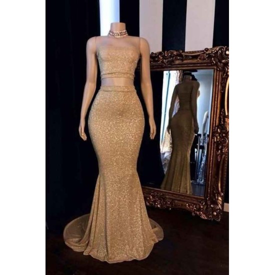 Champagne Two-piece Strapless Long Mermaid Prom Dresses with Choker
