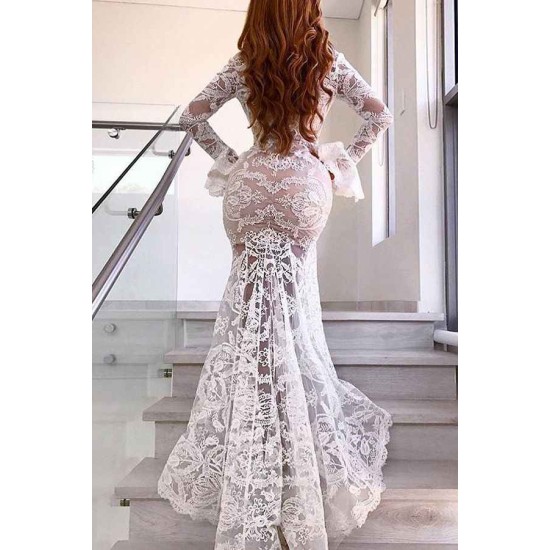 Chic Long Sleeves V-Neck Prom Party Gowns| Lace Evening Party Dress With Slit