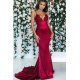 Burgundy Sleeveless Mermaid Backless Prom Dresses Spaghetti-Straps Lace Appliques Evening Gowns