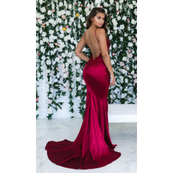 Burgundy Sleeveless Mermaid Backless Prom Dresses Spaghetti-Straps Lace Appliques Evening Gowns