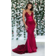 Burgundy Sleeveless Mermaid Backless Prom Dresses Spaghetti-Straps Lace Appliques Evening Gowns