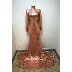 High-Neck Sequins Prom Party Gowns| Mermaid Long-Sleeve Evening Gowns