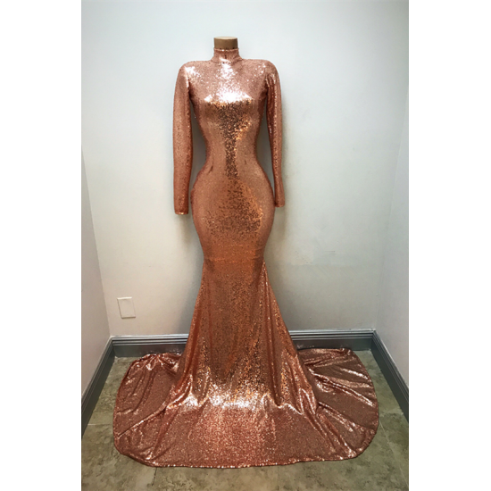 High-Neck Sequins Prom Party Gowns| Mermaid Long-Sleeve Evening Gowns