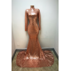 High-Neck Sequins Prom Party Gowns| Mermaid Long-Sleeve Evening Gowns