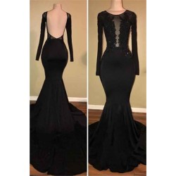 Chic Black Mermaid Prom Party GownsLong Sleeves With Lace Appliques