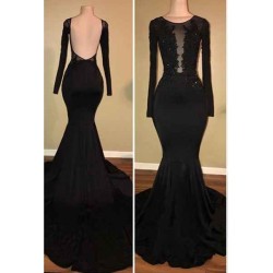 Chic Black Mermaid Prom Party GownsLong Sleeves With Lace Appliques