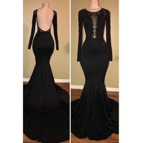 Chic Black Mermaid Prom Party GownsLong Sleeves With Lace Appliques