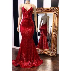V-neck Sleeveless Spaghetti Sequins Mermaid Long Prom Dresses