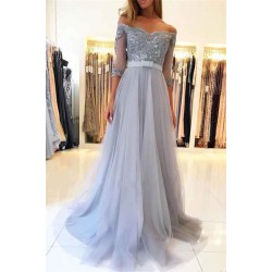 Off-the-Shoulder Half Sleeve Evening Dresses Formal Lace Appliques Prom Party Gowns with Belt