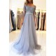 Off-the-Shoulder Half Sleeve Evening Dresses Formal Lace Appliques Prom Party Gowns with Belt
