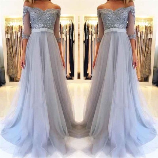 Off-the-Shoulder Half Sleeve Evening Dresses Formal Lace Appliques Prom Party Gowns with Belt