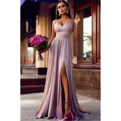 Straps Lace Slit Prom Party Gowns| Sleeveless Lavender Long Formal Chic Evening Gown