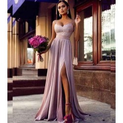 Straps Lace Slit Prom Party Gowns| Sleeveless Lavender Long Formal Chic Evening Gown