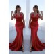 Gorgeous Red Halter Elegant Lace Up Prom Dresses Sleeveless Ruffles Chic Mermaid Side Slit Evening Dresses