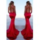 Gorgeous Red Halter Elegant Lace Up Prom Dresses Sleeveless Ruffles Chic Mermaid Side Slit Evening Dresses