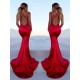 Gorgeous Red Halter Elegant Lace Up Prom Dresses Sleeveless Ruffles Chic Mermaid Side Slit Evening Dresses