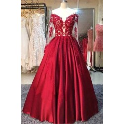New Arrival Red Prom Dresses Off-the-Shoulder Lace Appliques Long Sleevess Puffy Evening Gowns