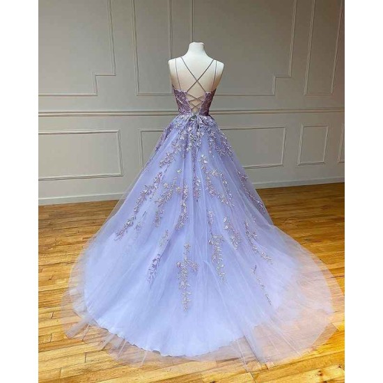 Spaghetti Straps Floral Lace Aline Evening Gown Sleeveless Prom Party Gowns